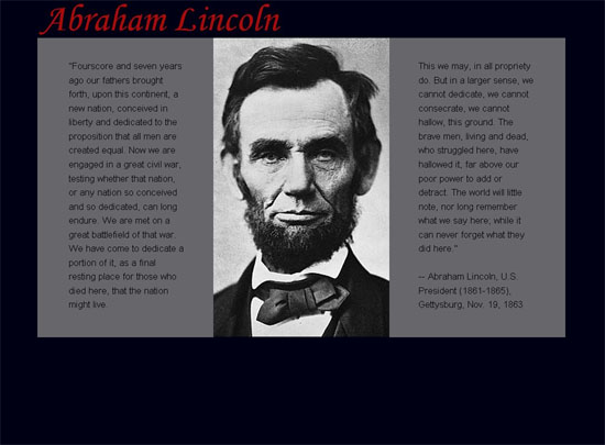 Screenshot of a Web page about Abraham Lincoln, linking to the respective Web page.